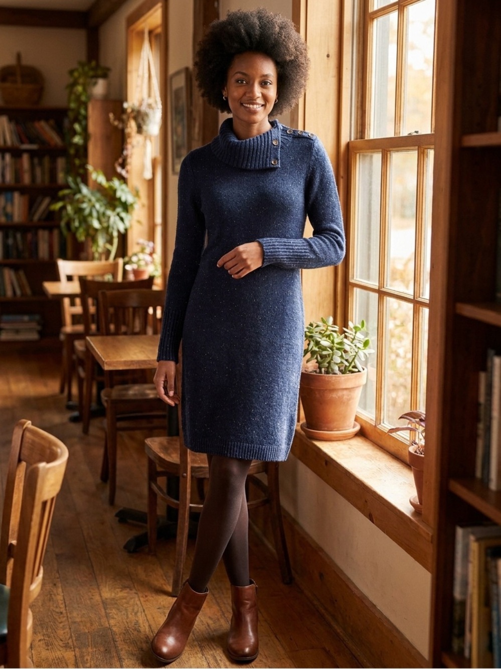 Navy Button-Shoulder Knit Dress
